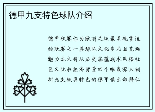 德甲九支特色球队介绍
