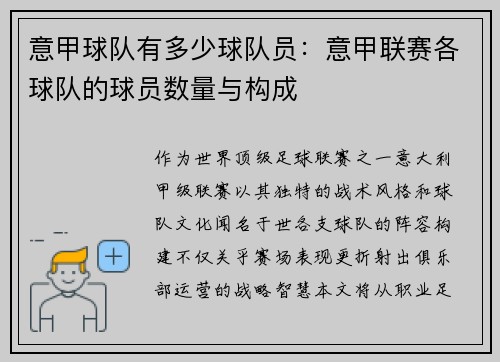 意甲球队有多少球队员：意甲联赛各球队的球员数量与构成